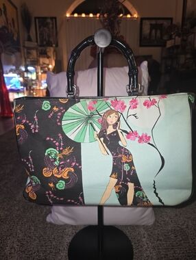 Stylish Illustrated Tote Bag in Mint & Black